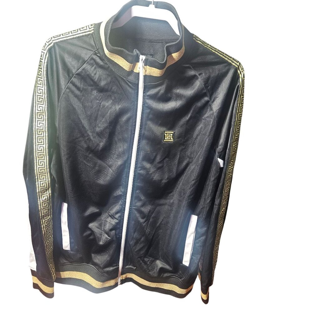 Black Pike Mens XL Black & Gold Track Jacket With Greek Key Design & White Accen